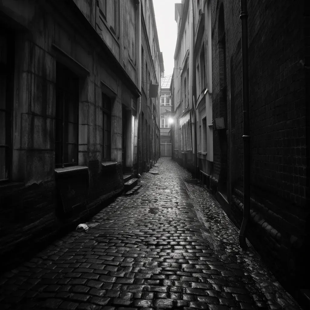 Gloomy alleyway in old town in black and white - Image 4