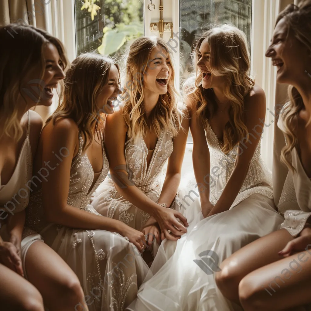 Bridal party laughing and preparing for the wedding. - Image 1