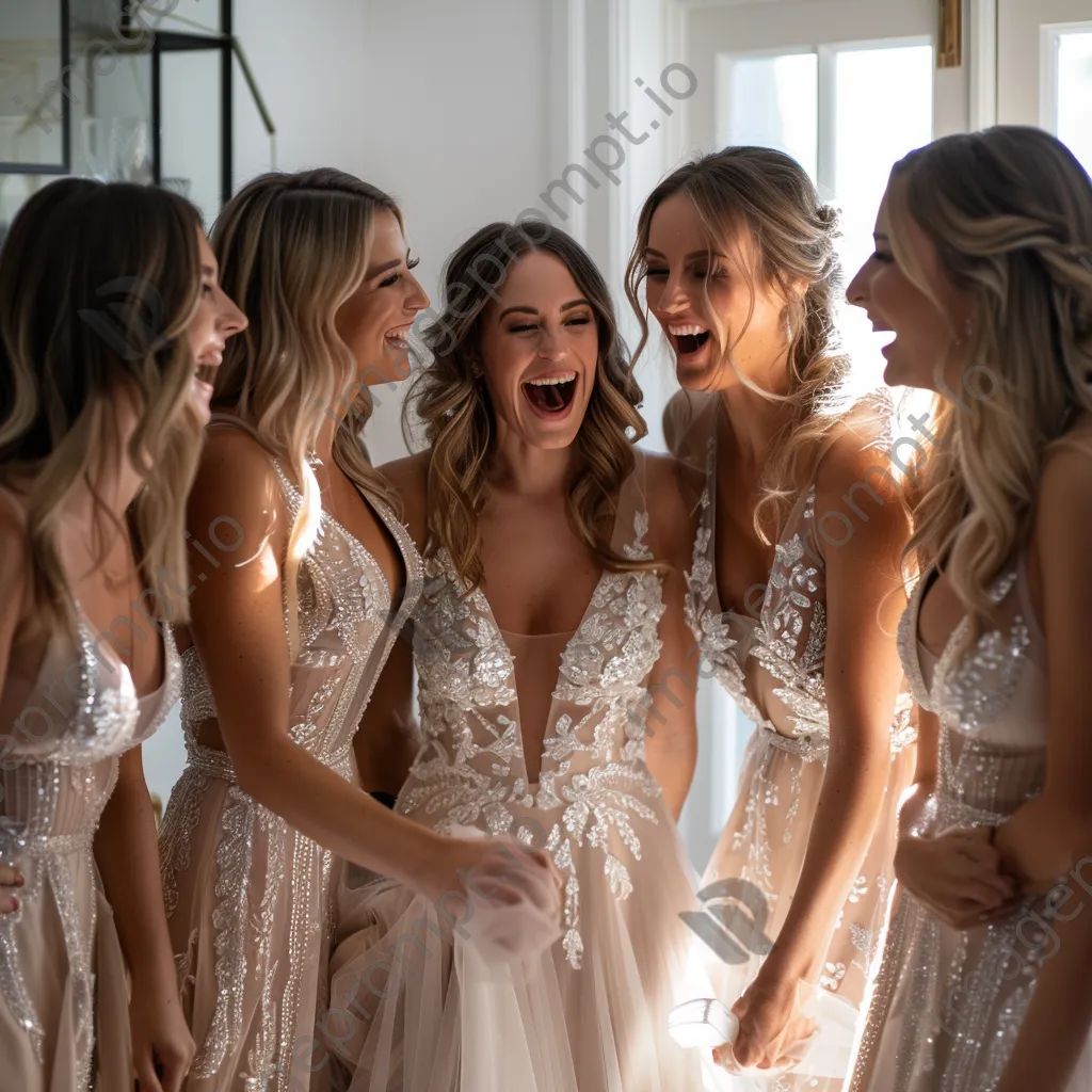 Bridal party laughing and preparing for the wedding. - Image 3