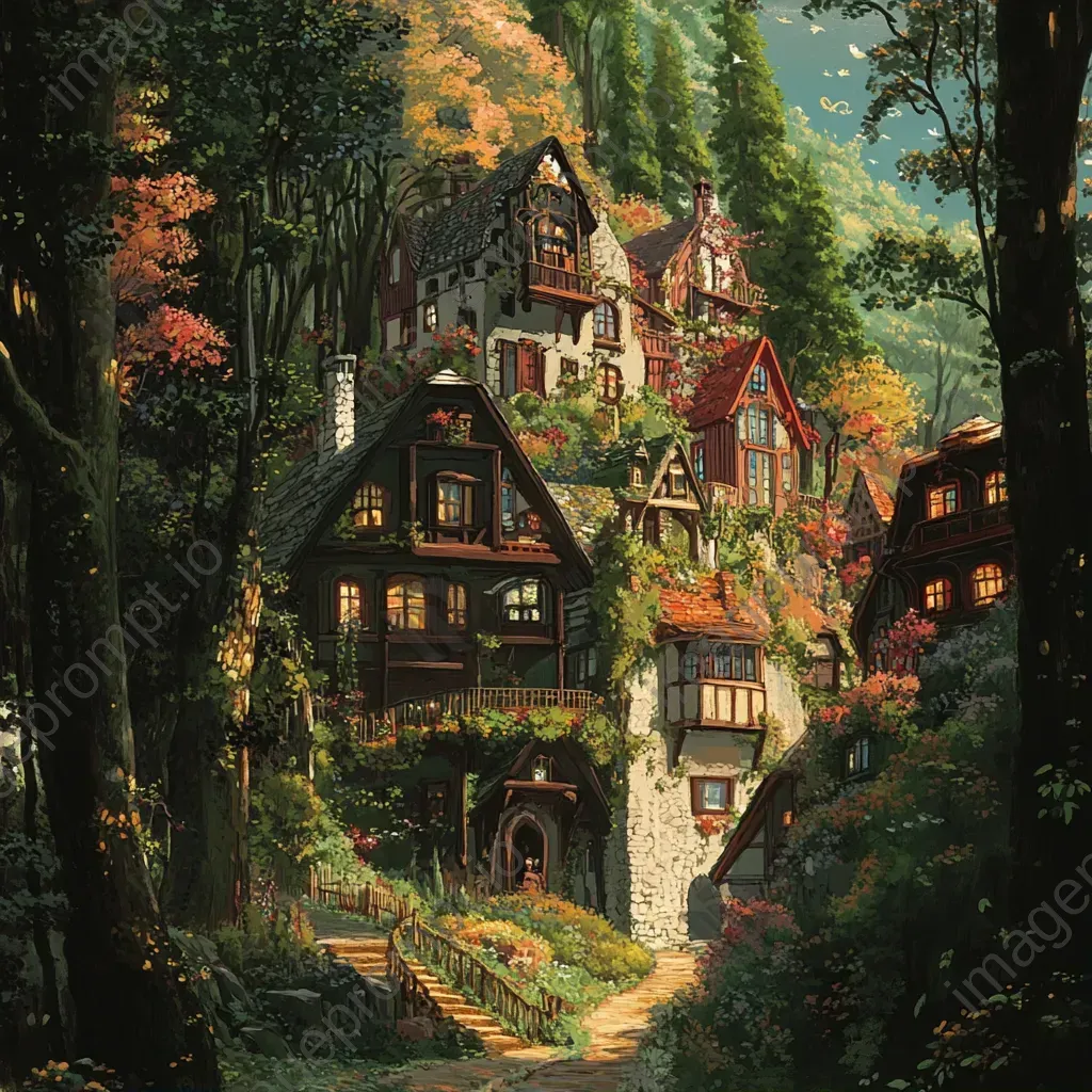 Animation-style depiction of an enigmatic enchanted forest with seasonal houses - Image 1