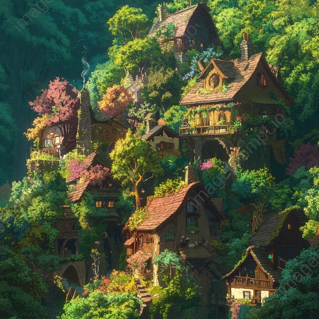 Animation-style depiction of an enigmatic enchanted forest with seasonal houses - Image 3