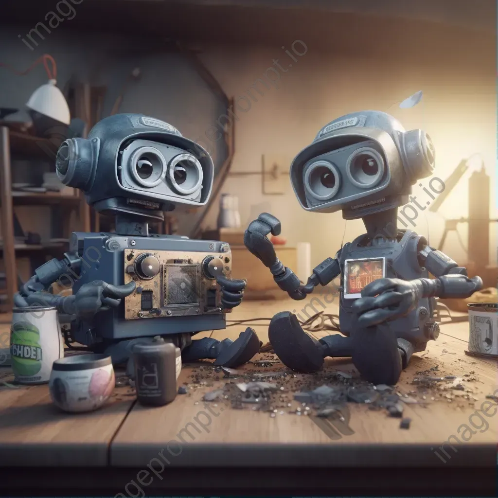 Cartoon robots doing website maintenance playfully - Image 1