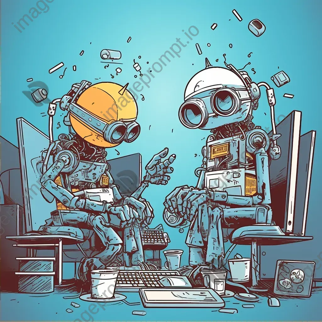 Cartoon robots doing website maintenance playfully - Image 2