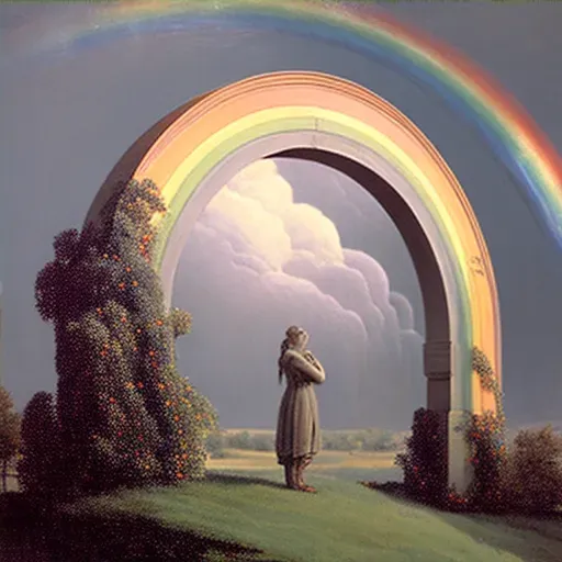 Woman in vibrant meadow looking at rainbow in the sky - Image 4