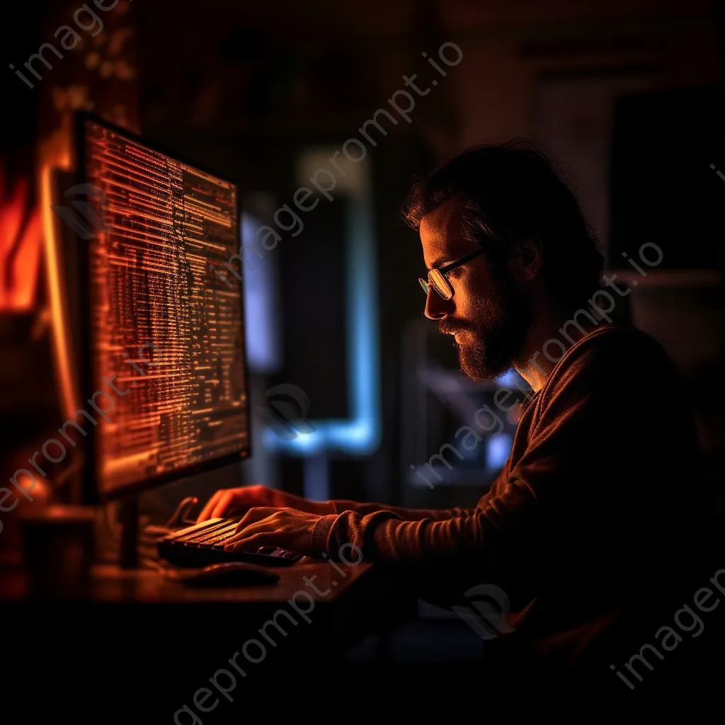 Programmer silhouetted against a dark background with a glowing computer screen. - Image 1