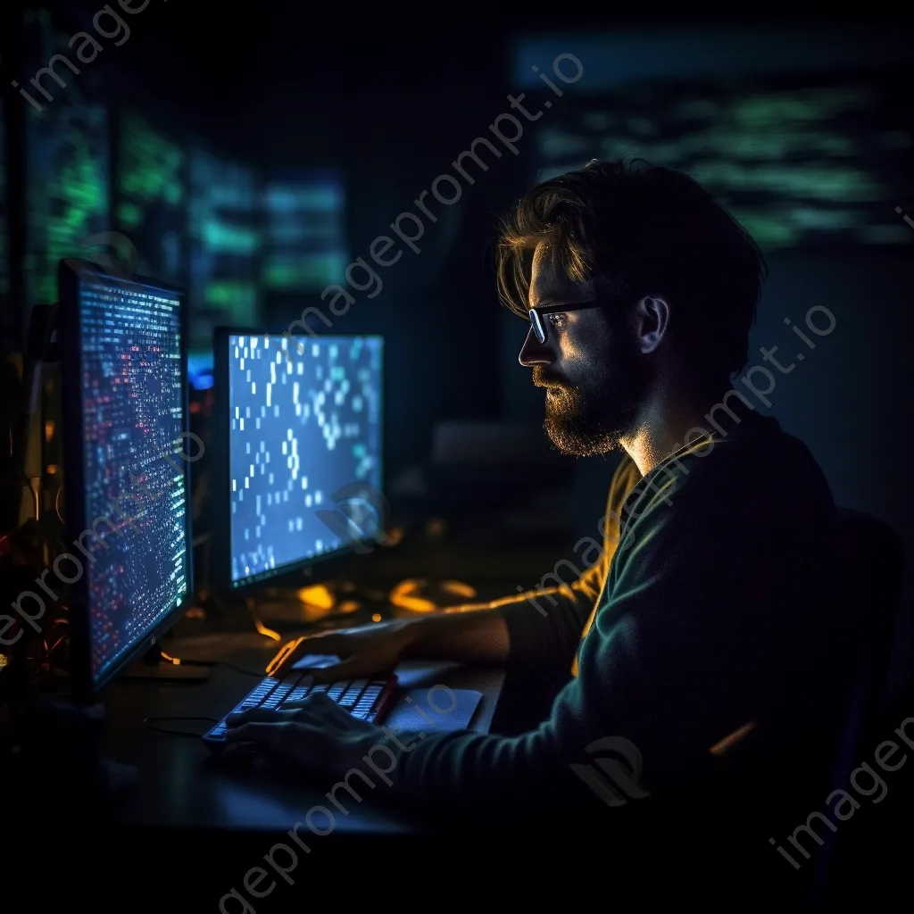 Programmer silhouetted against a dark background with a glowing computer screen. - Image 2