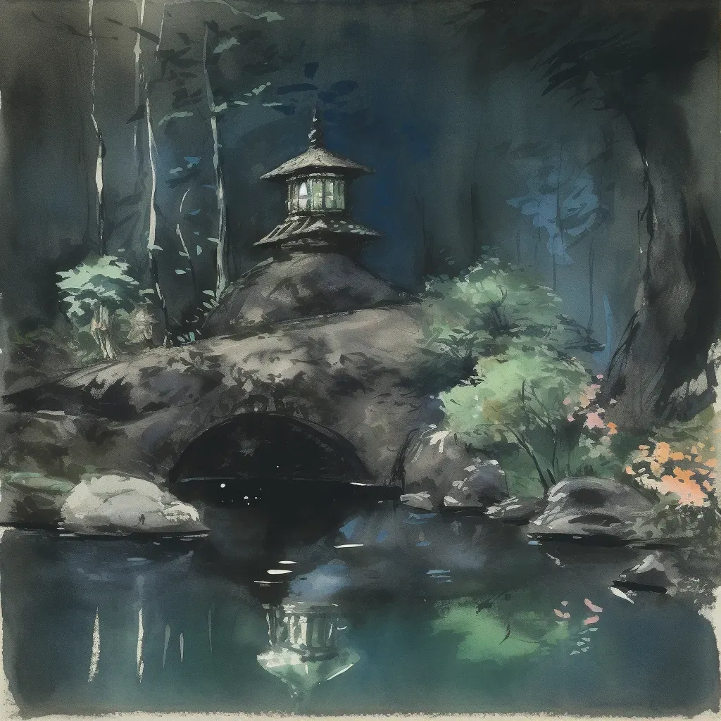 Tranquil Zen garden with stone lantern and pond - Image 1