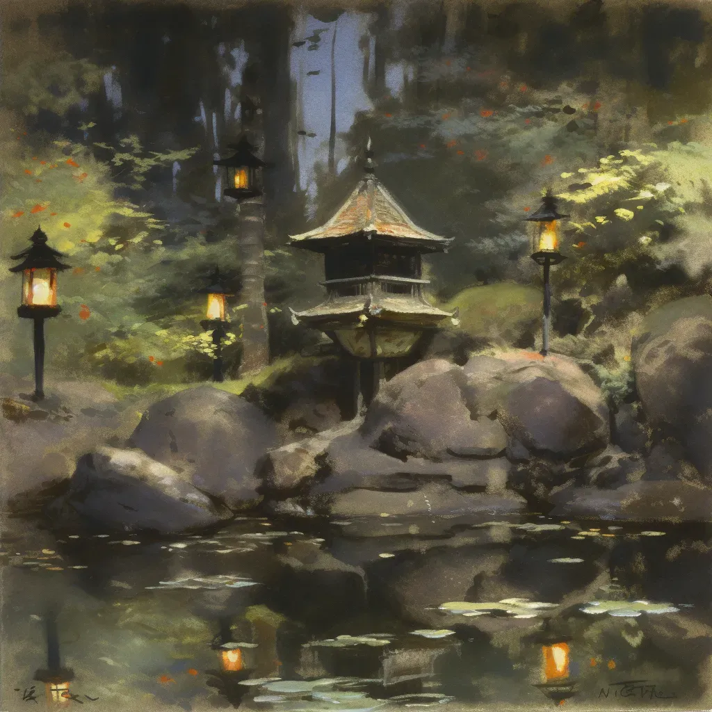 Tranquil Zen garden with stone lantern and pond - Image 2