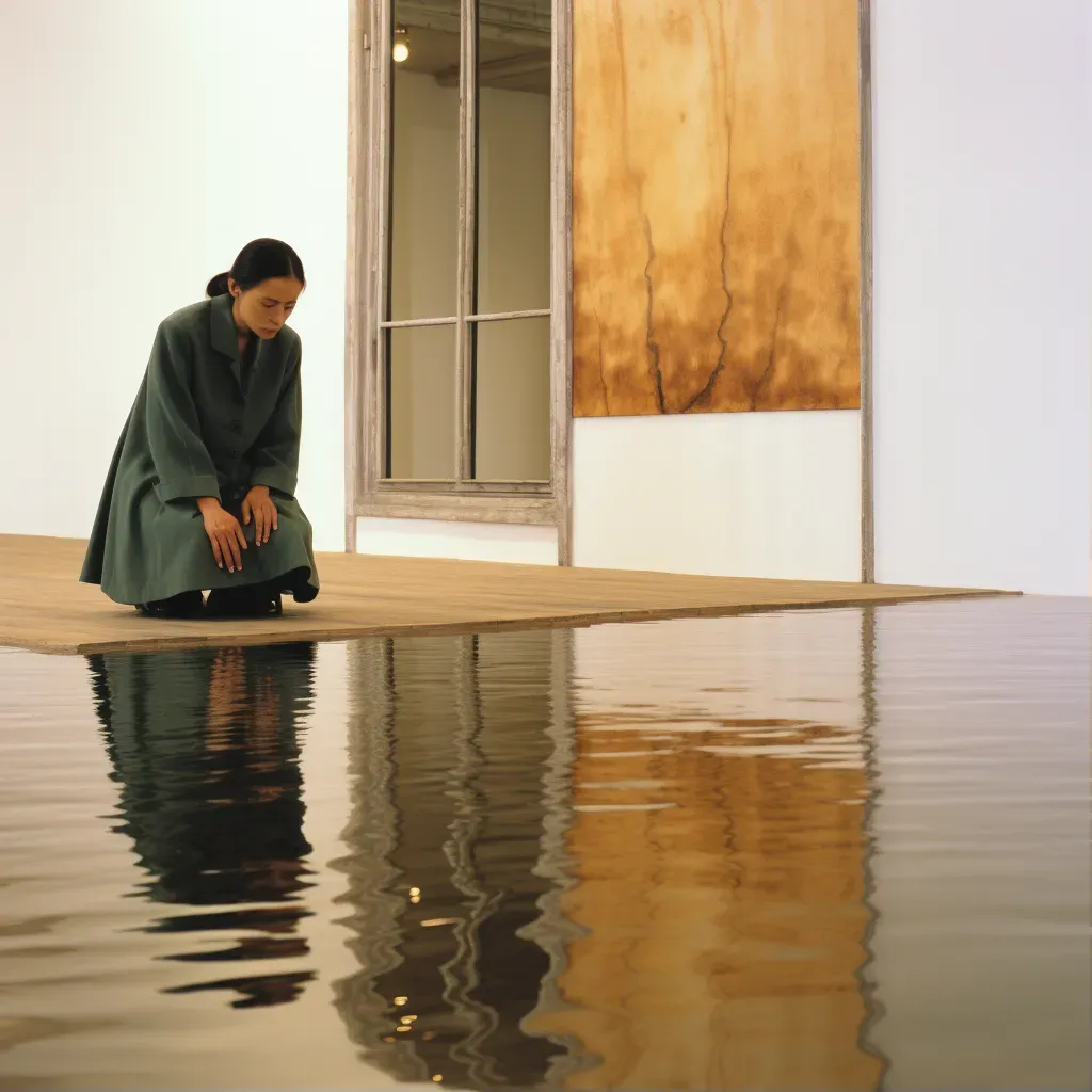 Girl looking at reflection in water showing older self - Image 1