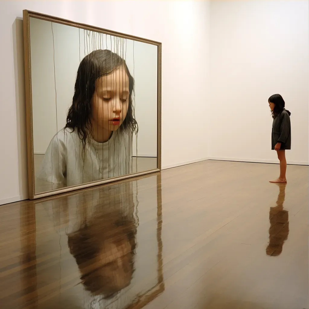 Girl looking at reflection in water showing older self - Image 3