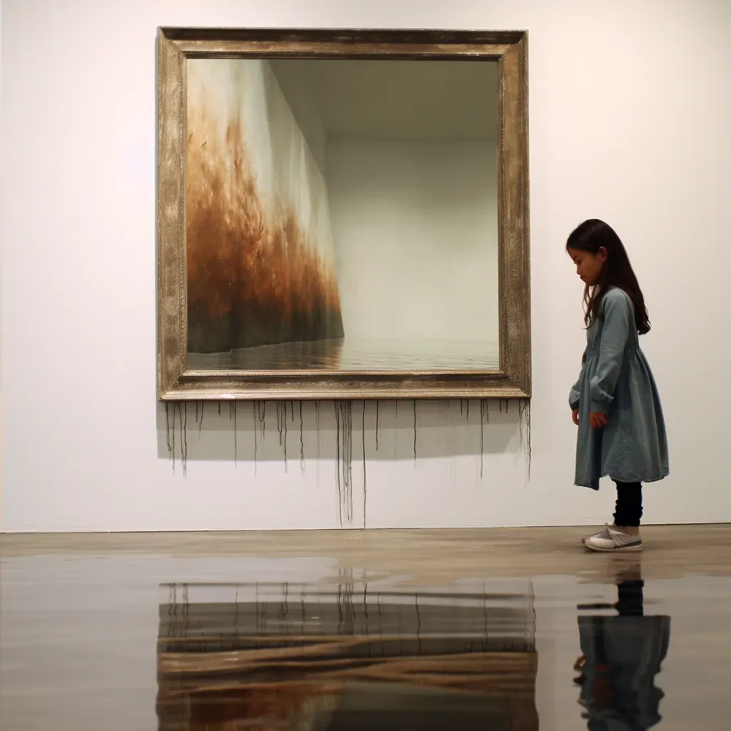 Girl looking at reflection in water showing older self - Image 4