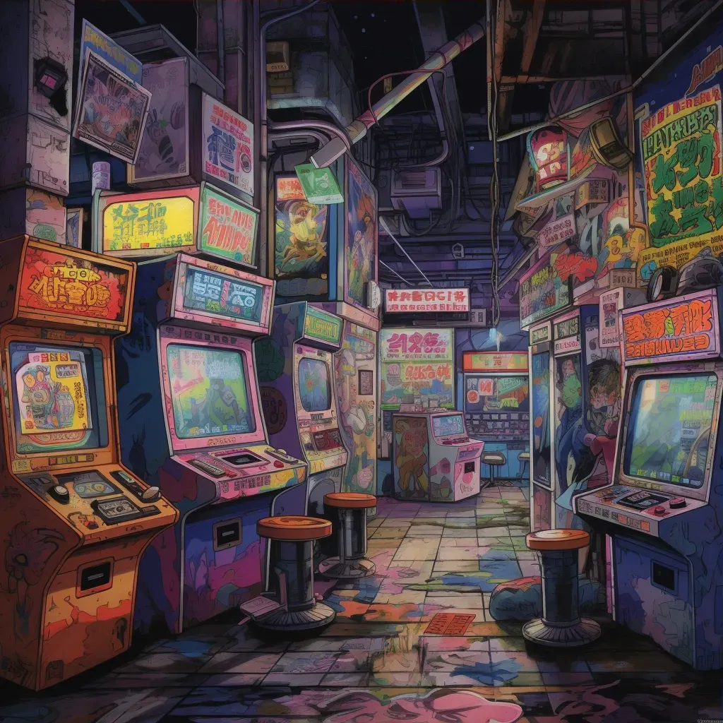 Image of a 1980s arcade with classic video game cabinets and neon signs - Image 3