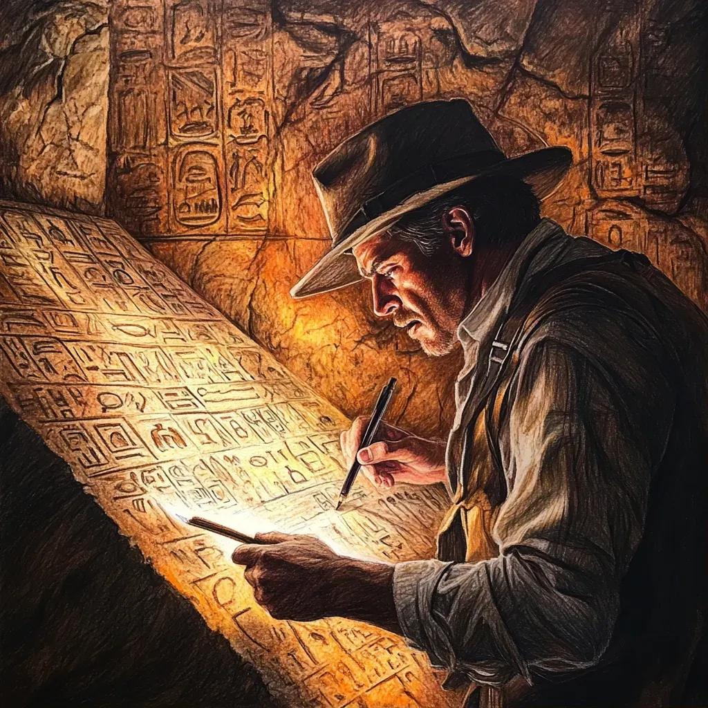 Colored pencil depiction of a treasure hunter deciphering ancient hieroglyphics in a pyramid - Image 1