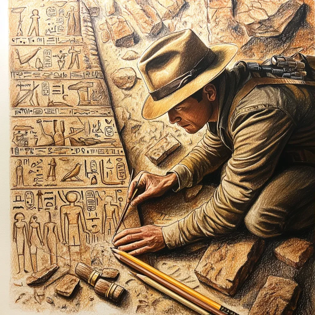 Colored pencil depiction of a treasure hunter deciphering ancient hieroglyphics in a pyramid - Image 3