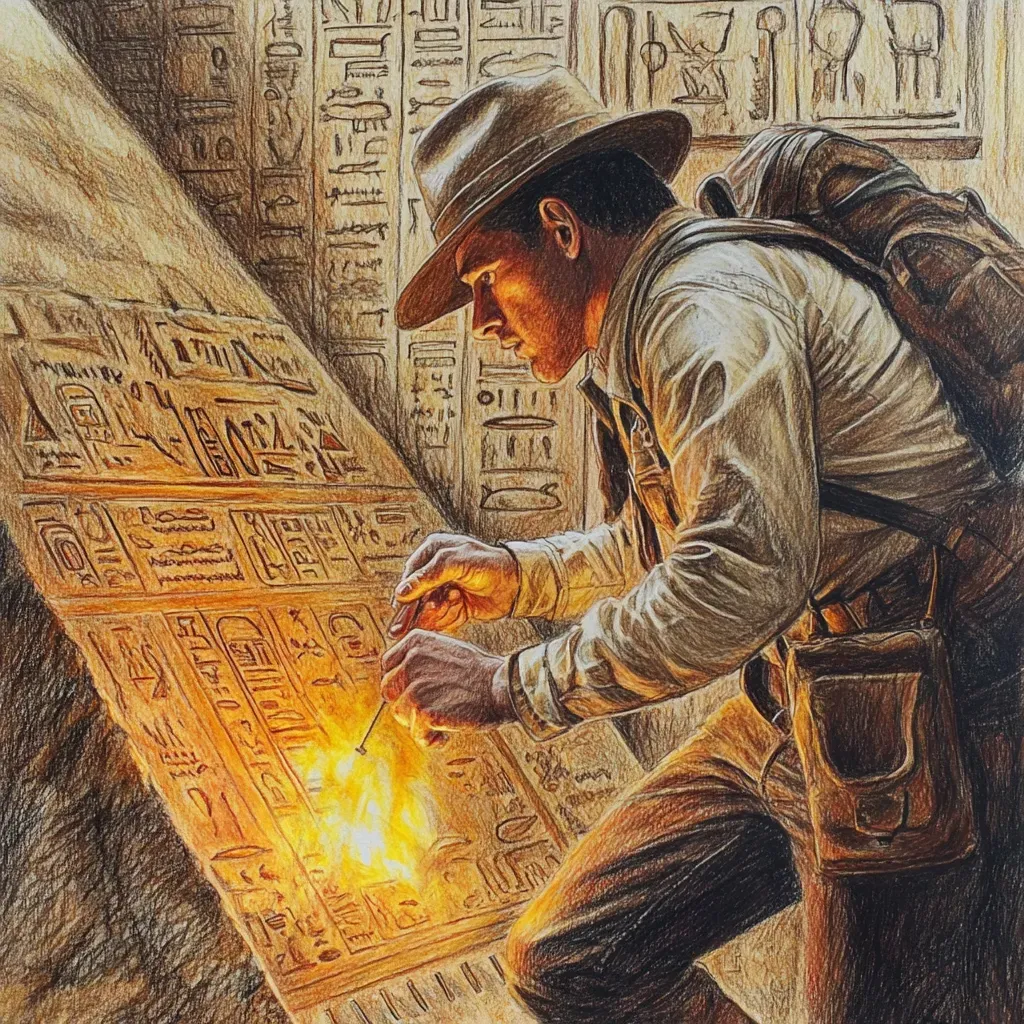 Colored pencil depiction of a treasure hunter deciphering ancient hieroglyphics in a pyramid - Image 4