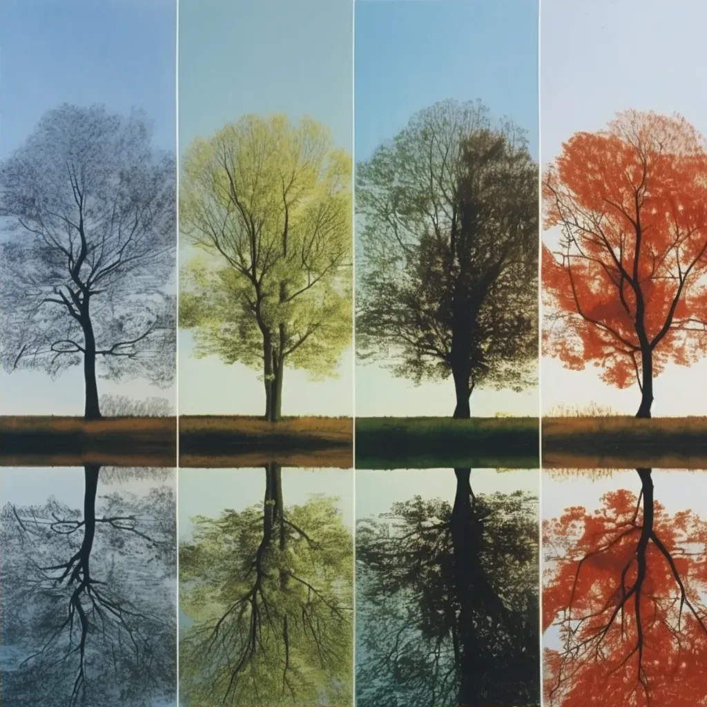 Image of a tranquil lake reflecting a tree in different seasonal forms - Image 2