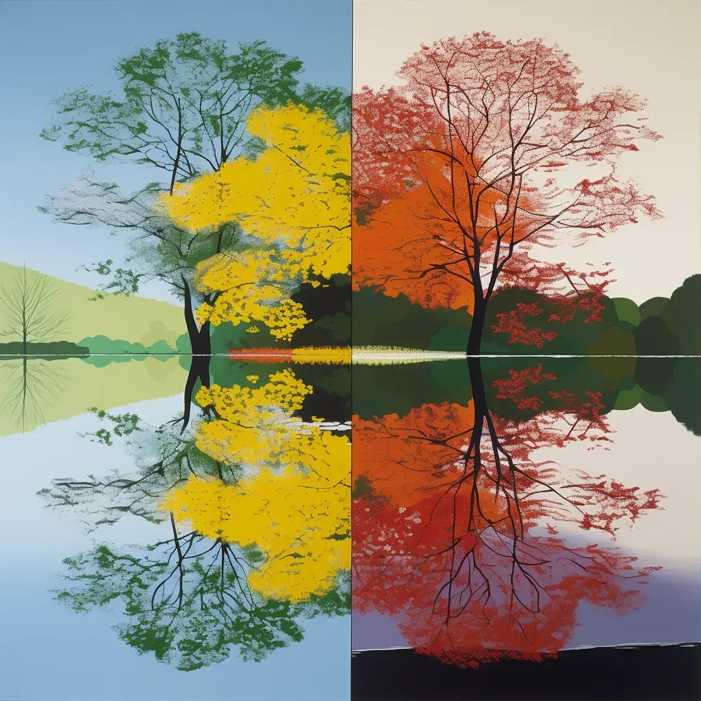 Image of a tranquil lake reflecting a tree in different seasonal forms - Image 3