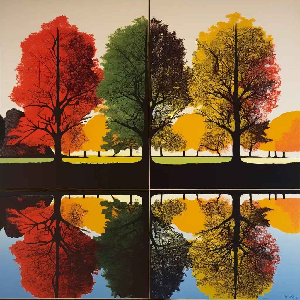 Image of a tranquil lake reflecting a tree in different seasonal forms - Image 4