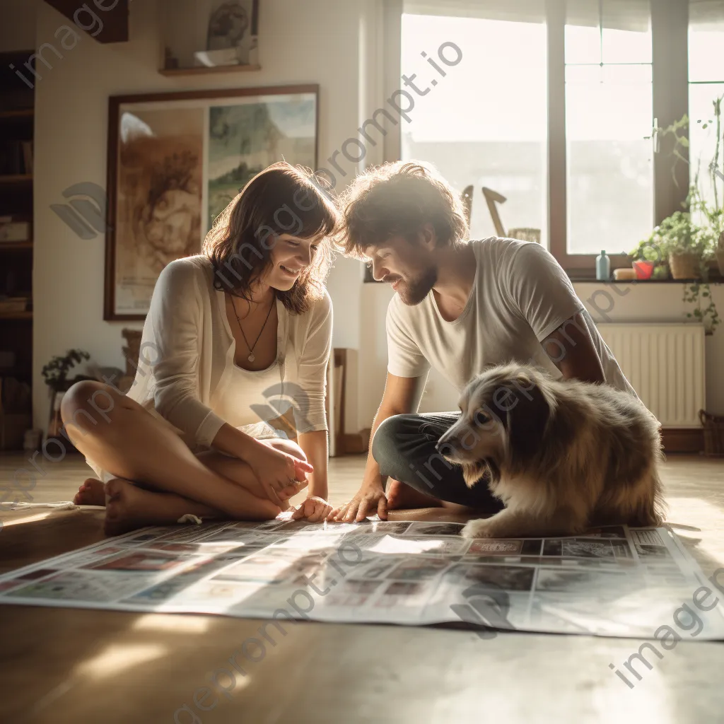 Couple planning on a large calendar on the floor with a pet nearby. - Image 1