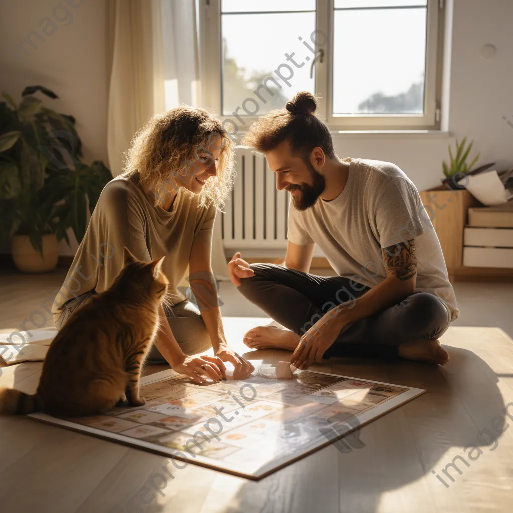 Couple planning on a large calendar on the floor with a pet nearby. - Image 2