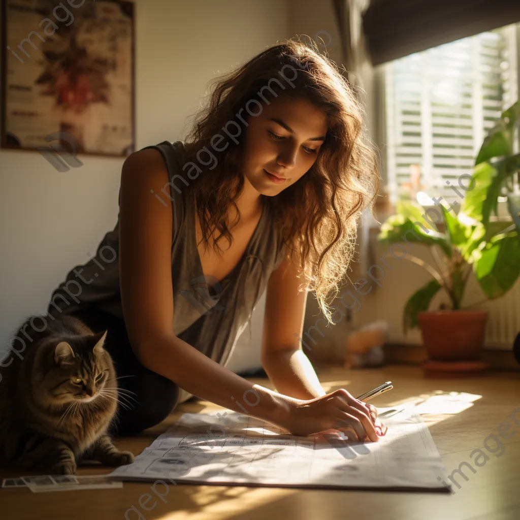 Couple planning on a large calendar on the floor with a pet nearby. - Image 3