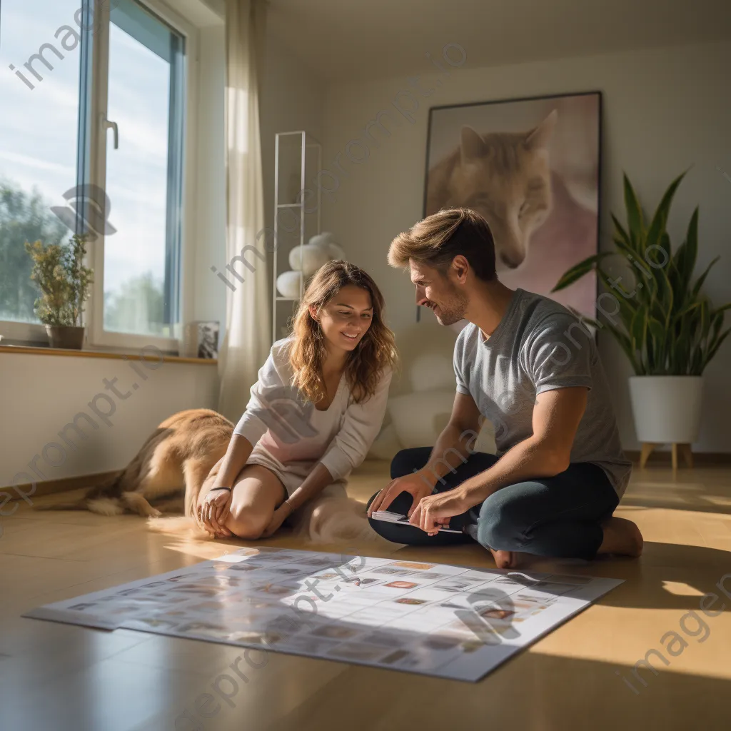 Couple planning on a large calendar on the floor with a pet nearby. - Image 4