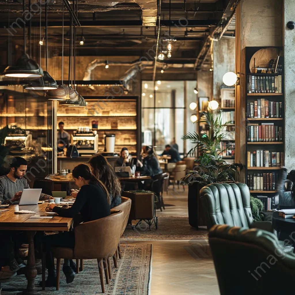 Individuals enjoying coffee and collaborating in a vintage co-working space - Image 1