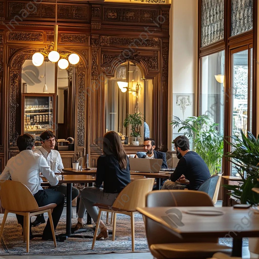 Individuals enjoying coffee and collaborating in a vintage co-working space - Image 3