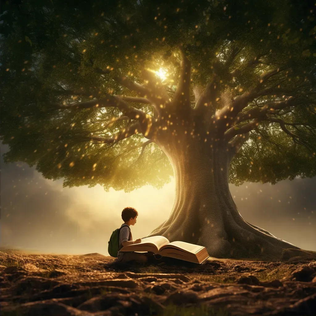 Child reading a giant book under an oak tree symbolizing learning - Image 2