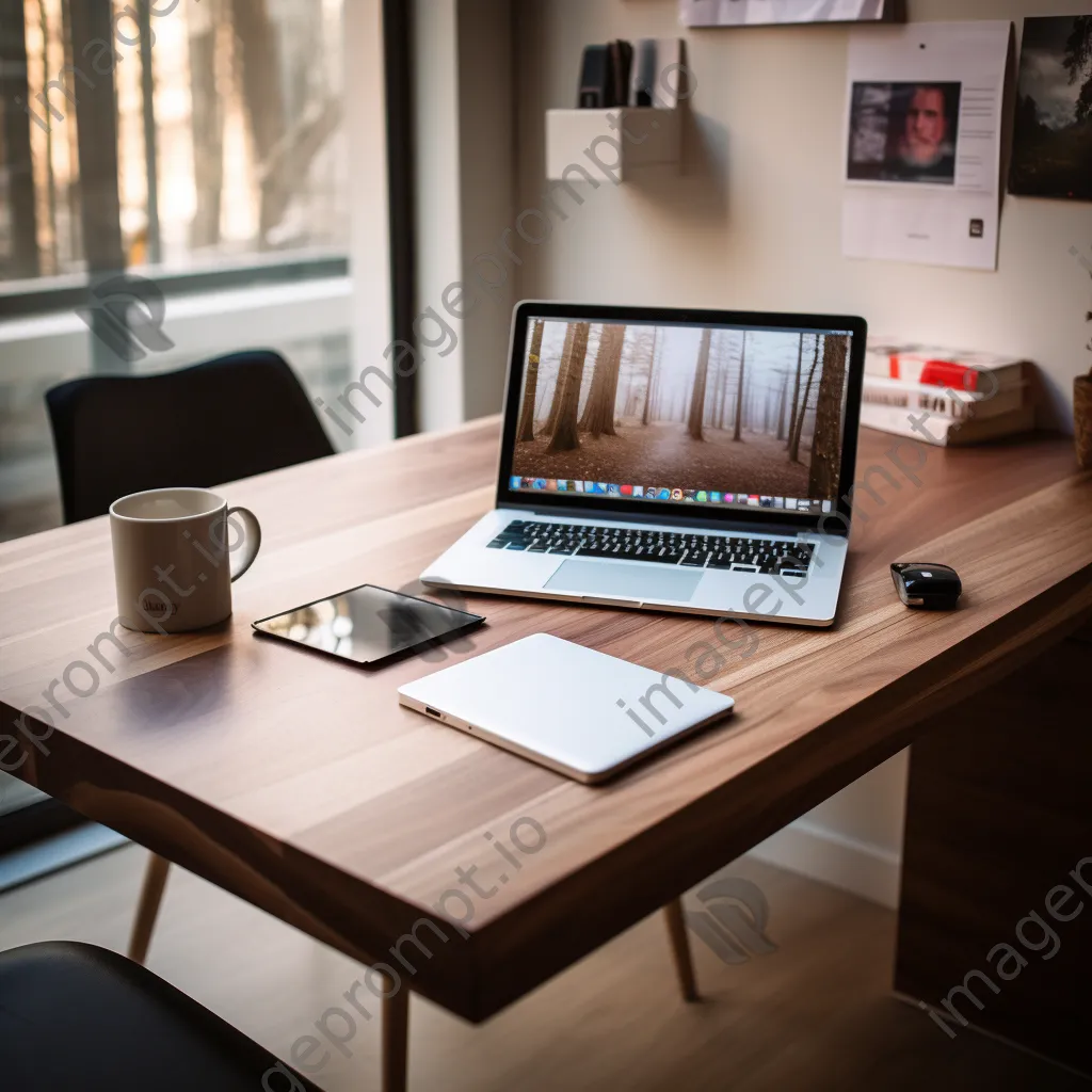 Minimalist office with laptop, coffee, and notepad on desk - Image 3