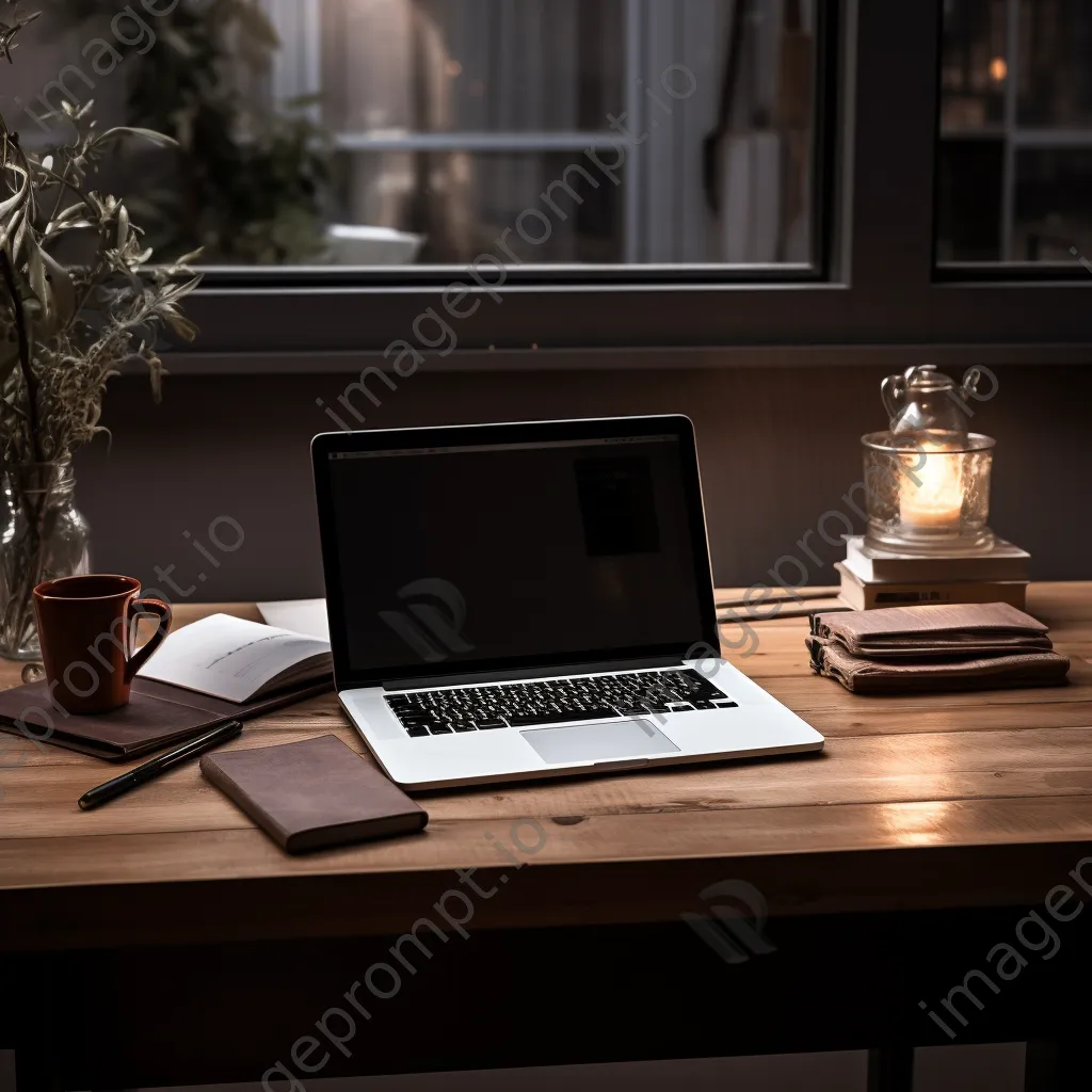 Minimalist office with laptop, coffee, and notepad on desk - Image 4