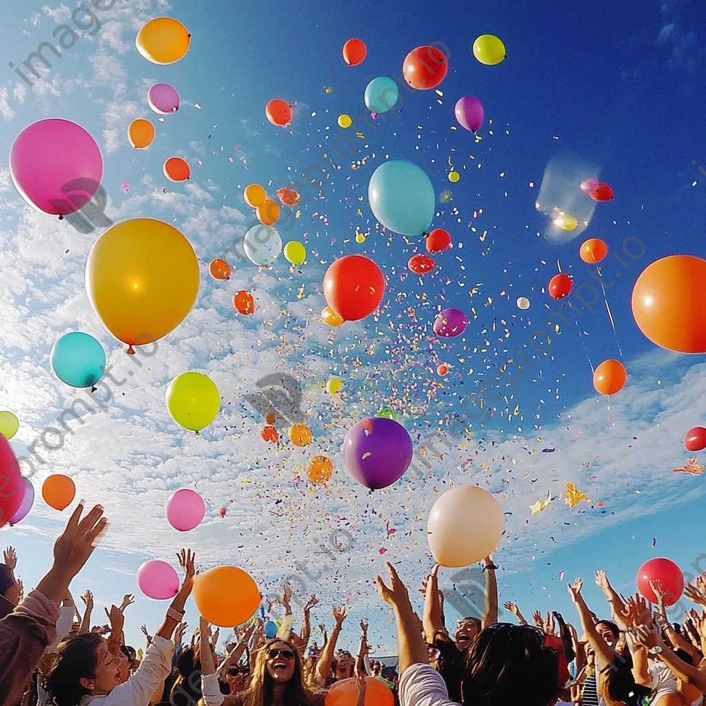 Friends releasing balloons at a beach birthday party. - Image 1