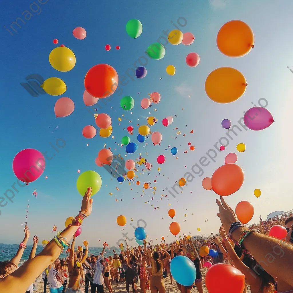 Friends releasing balloons at a beach birthday party. - Image 2