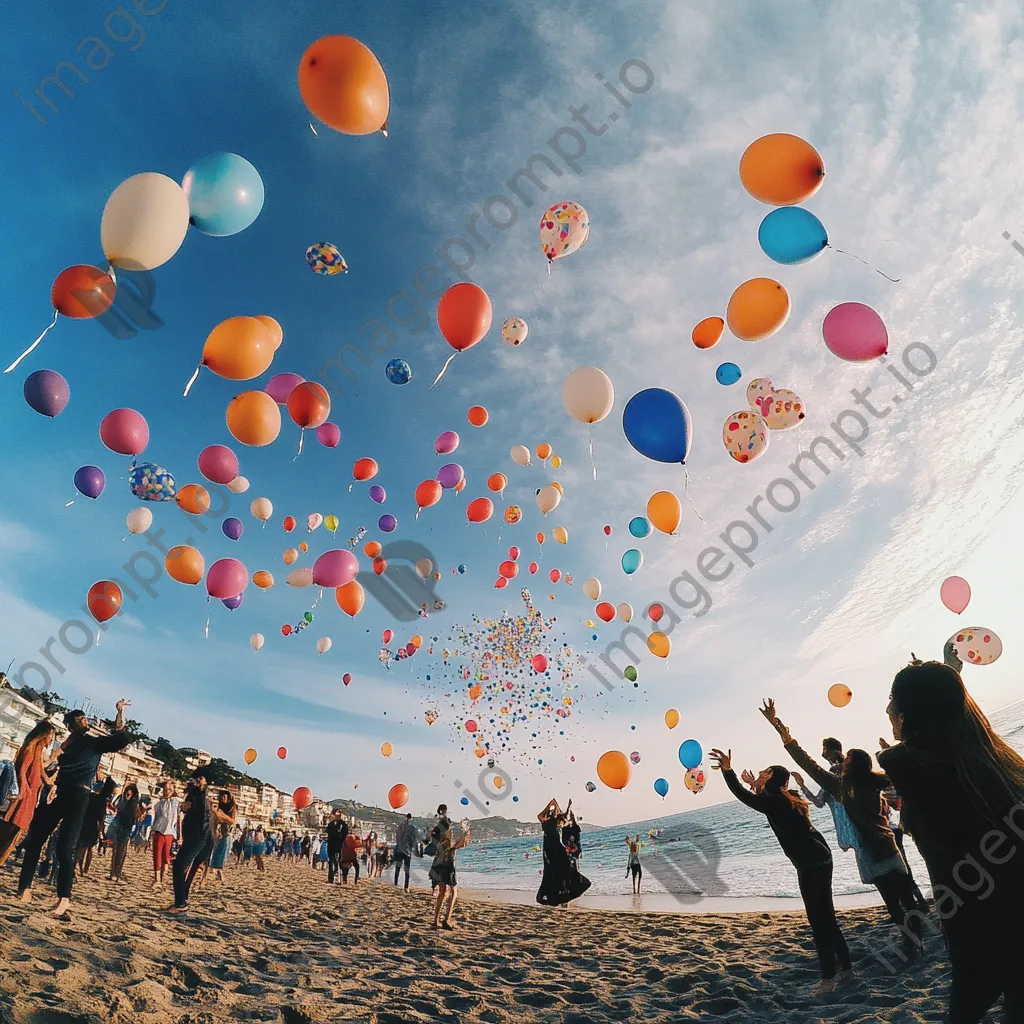 Friends releasing balloons at a beach birthday party. - Image 3