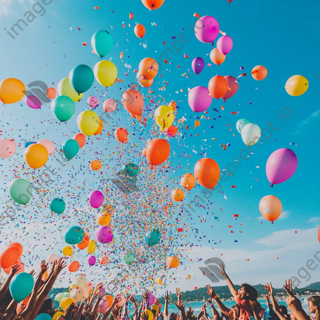 Friends releasing balloons at a beach birthday party. - Image 4