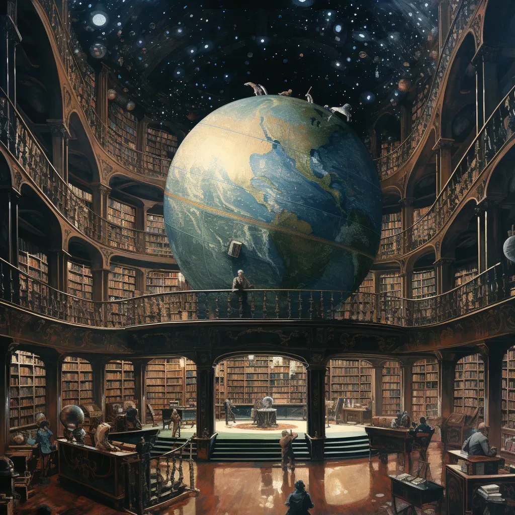 Grand old library with tall bookshelves and detailed globe - Image 1