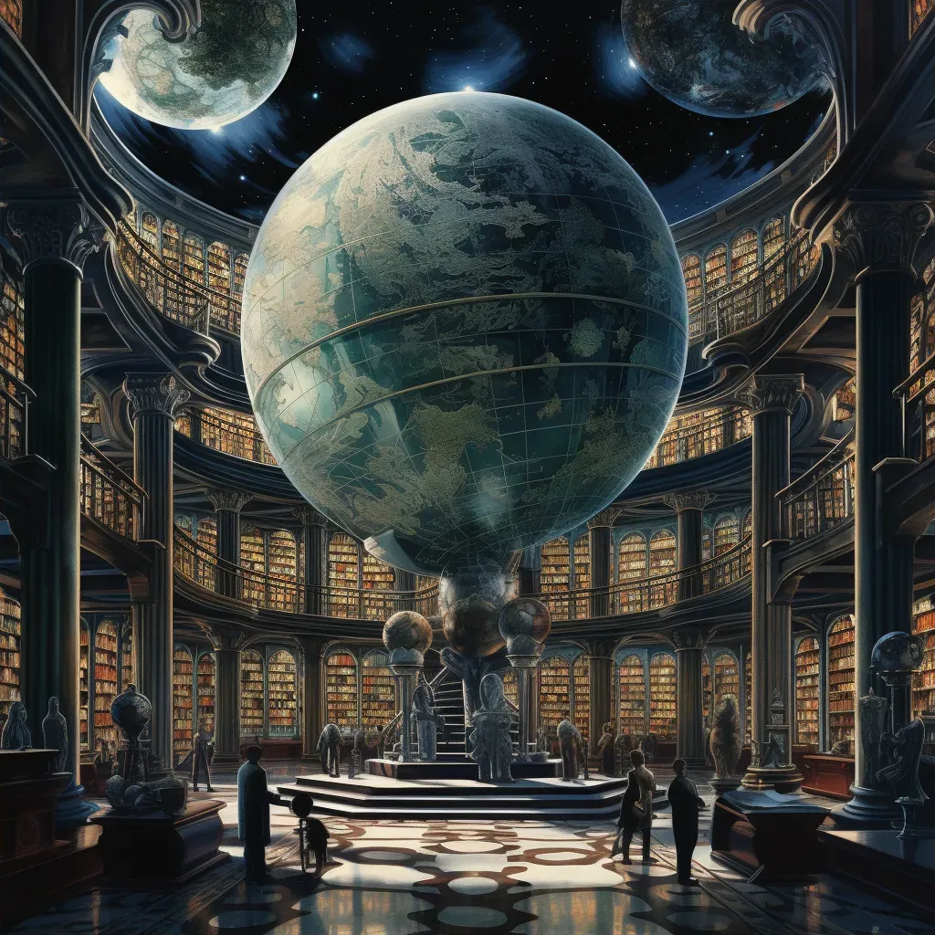 Grand old library with tall bookshelves and detailed globe - Image 2