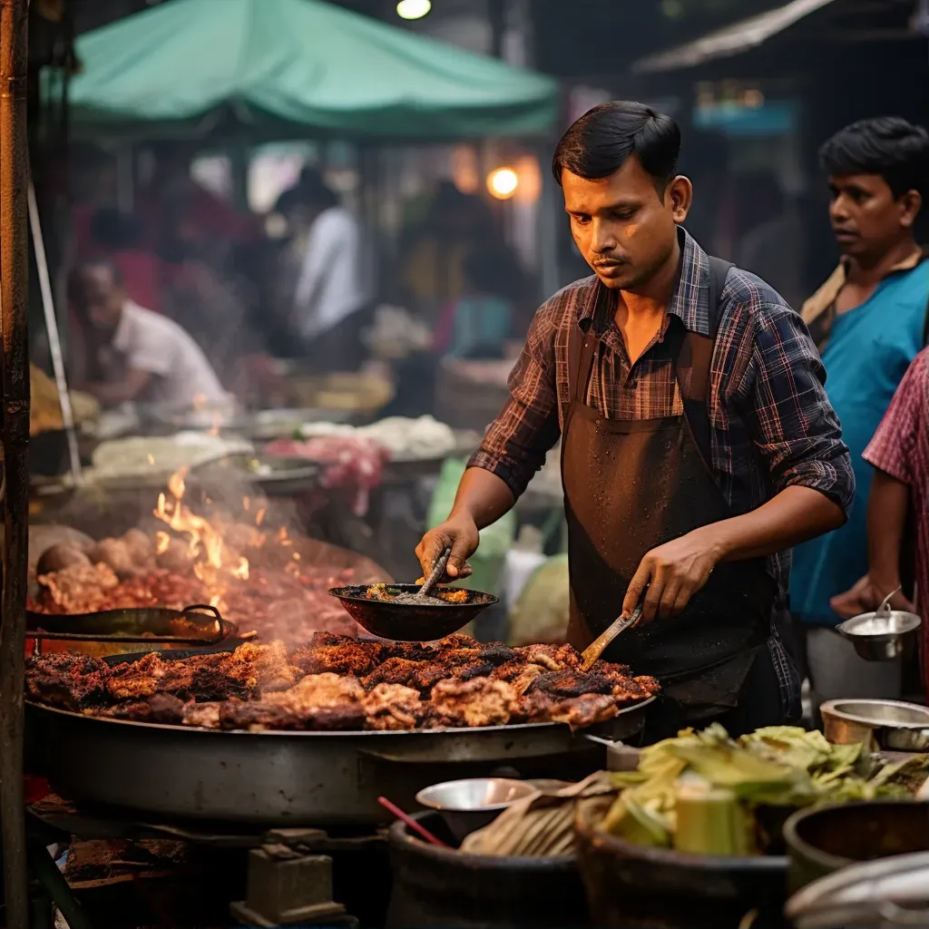 Local street food market with vendors cooking diverse dishes and customers interacting - Image 1