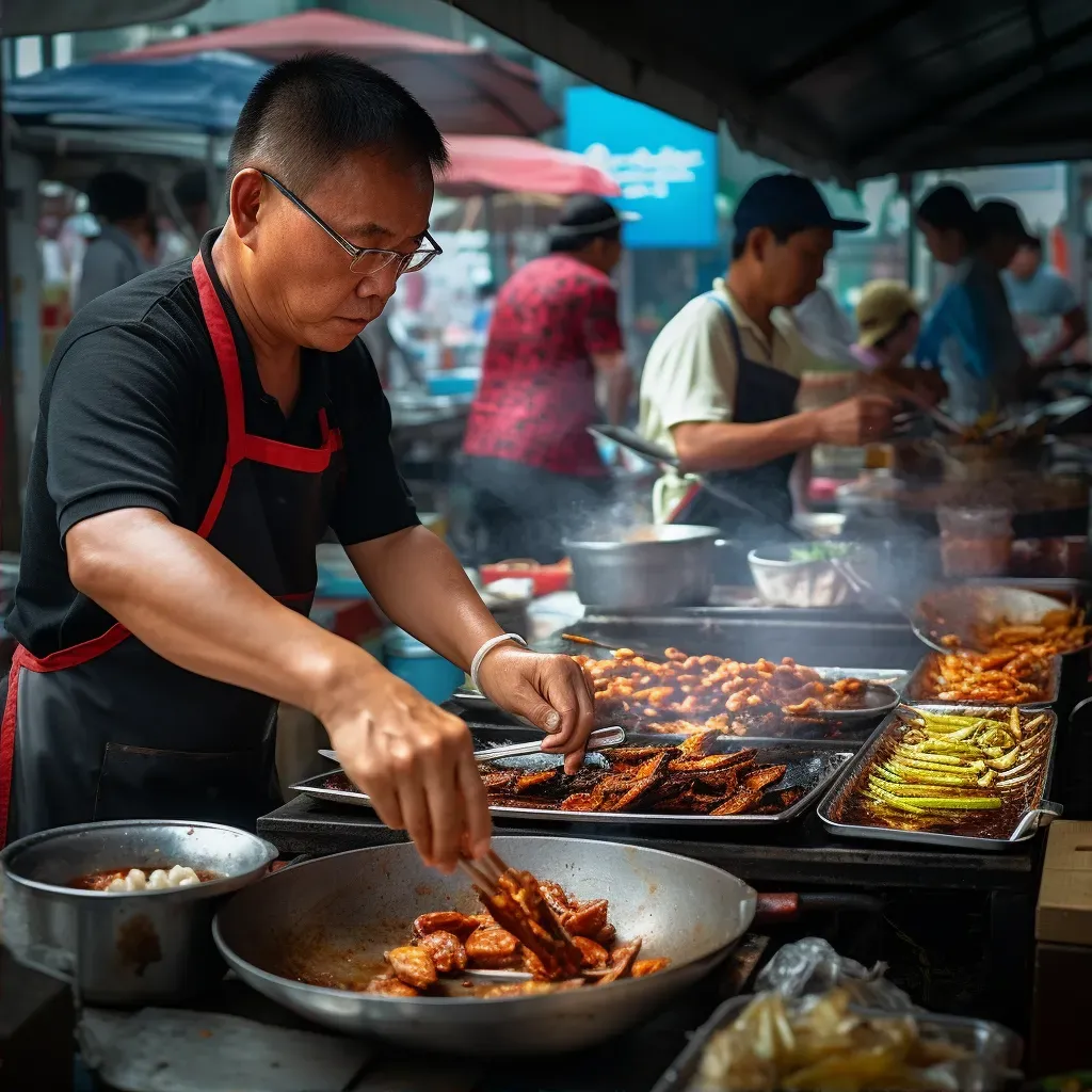 Local street food market with vendors cooking diverse dishes and customers interacting - Image 2