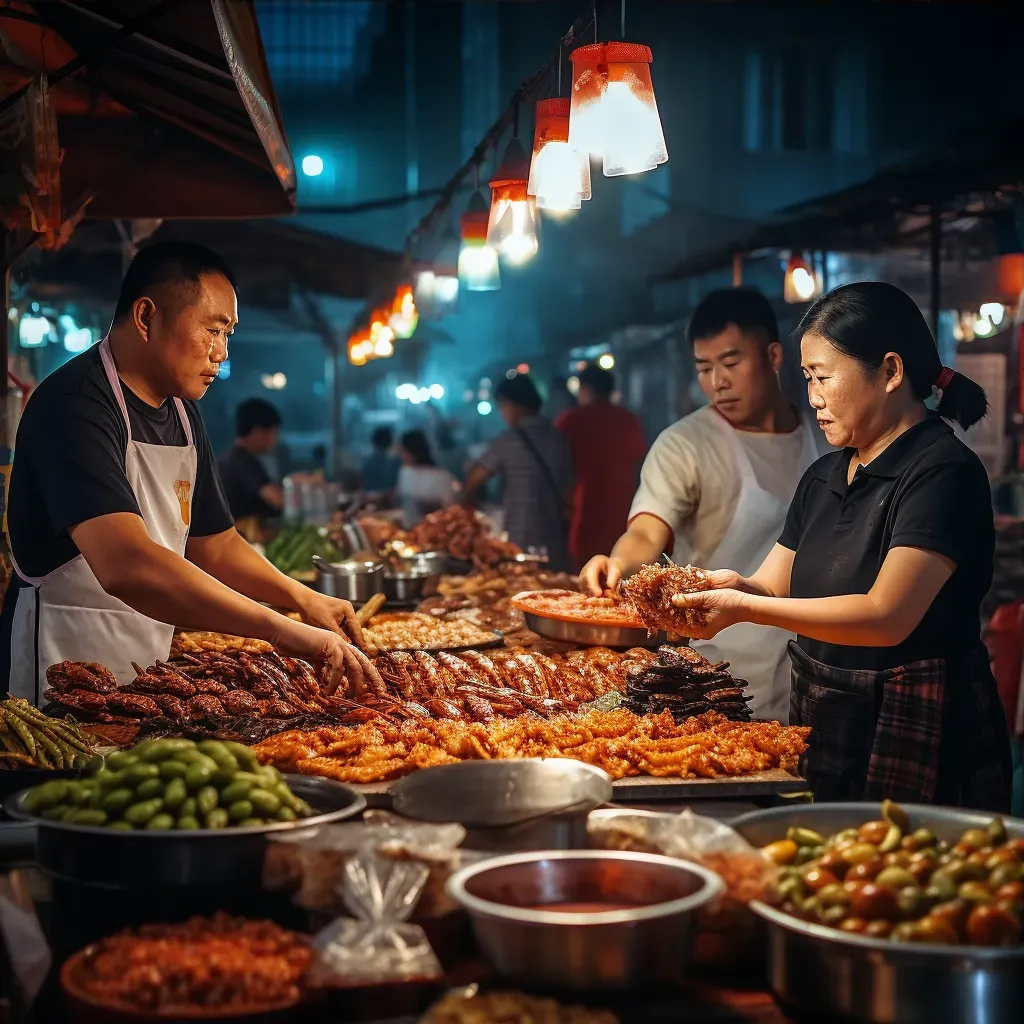 Local street food market with vendors cooking diverse dishes and customers interacting - Image 3