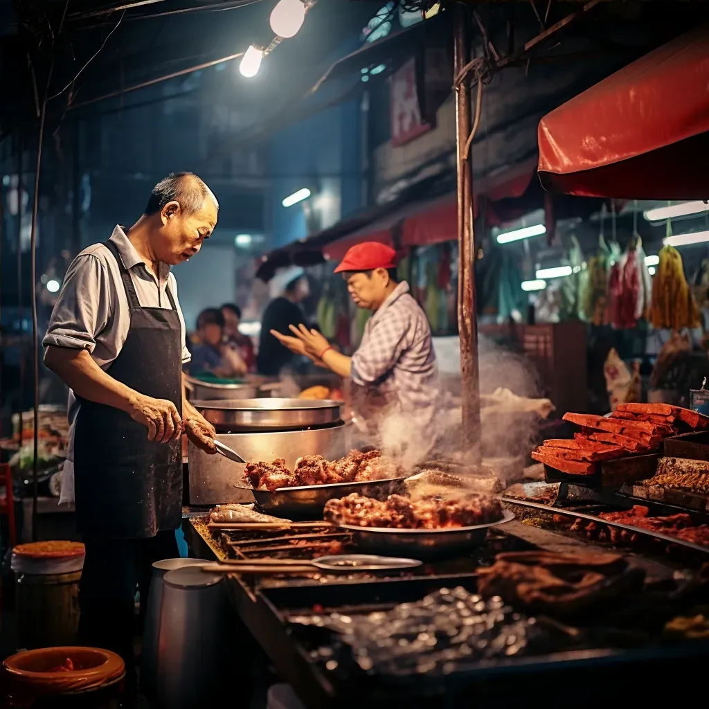 Local street food market with vendors cooking diverse dishes and customers interacting - Image 4