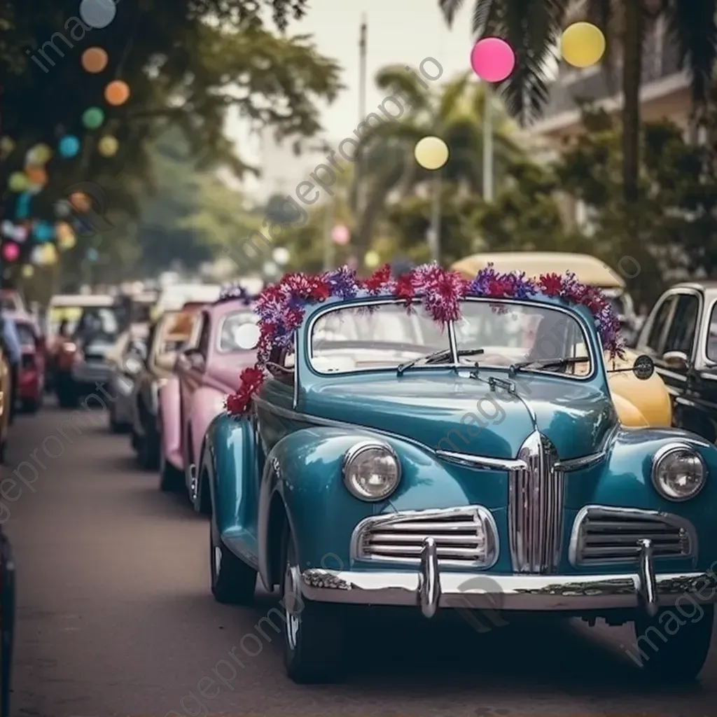 Vintage car parade in festive carnival with classic vehicles decorated - Image 2