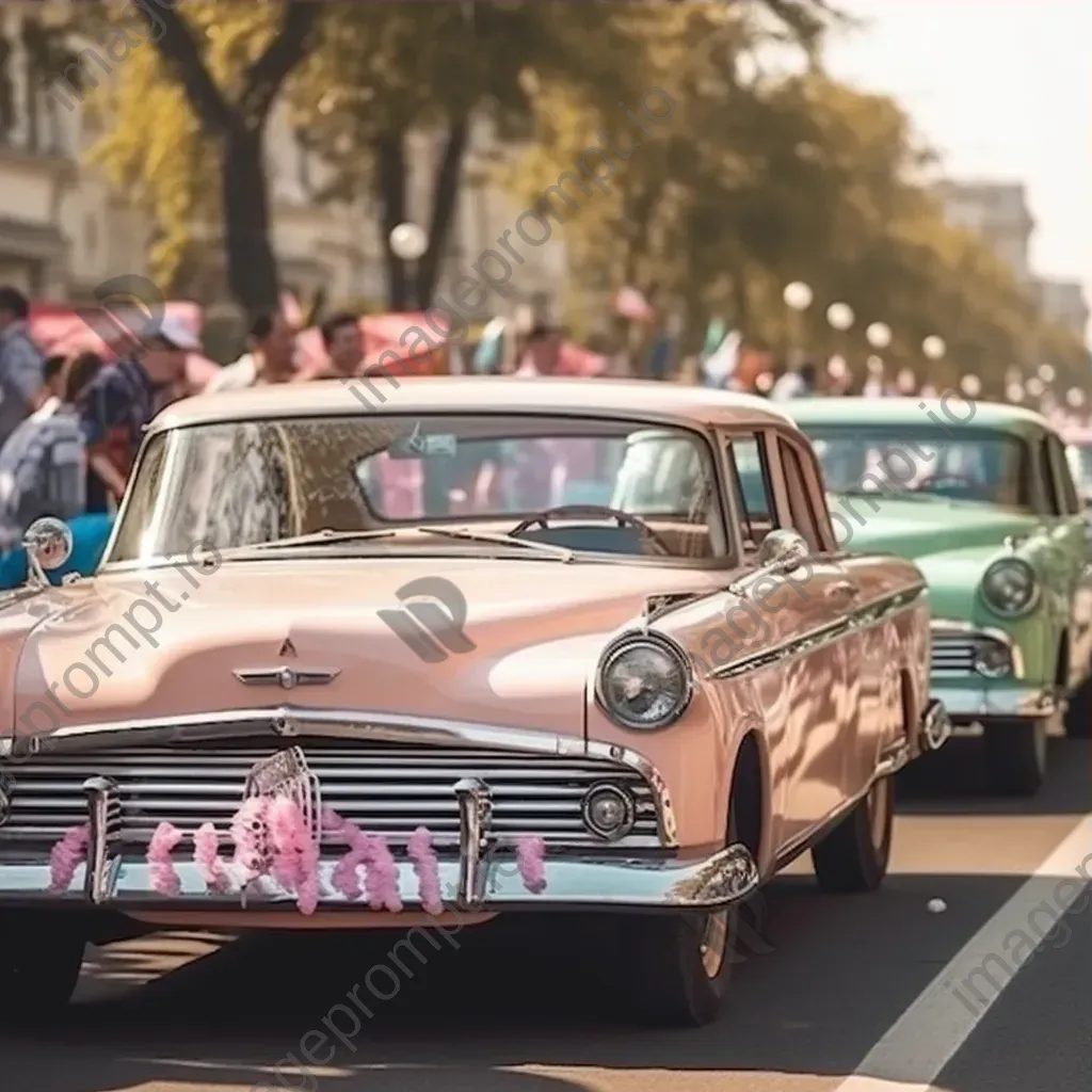 Vintage car parade in festive carnival with classic vehicles decorated - Image 3