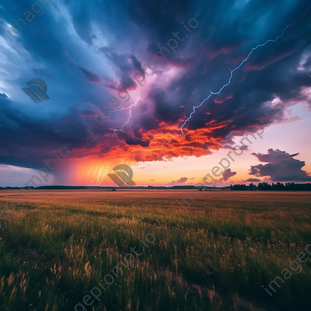 Thunderstorm at sunset over a tranquil meadow. - Image 1