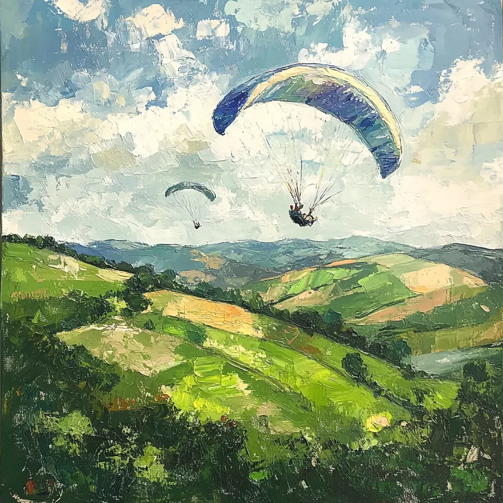 Impressionist painting of paragliders floating above dreamy green hills - Image 2