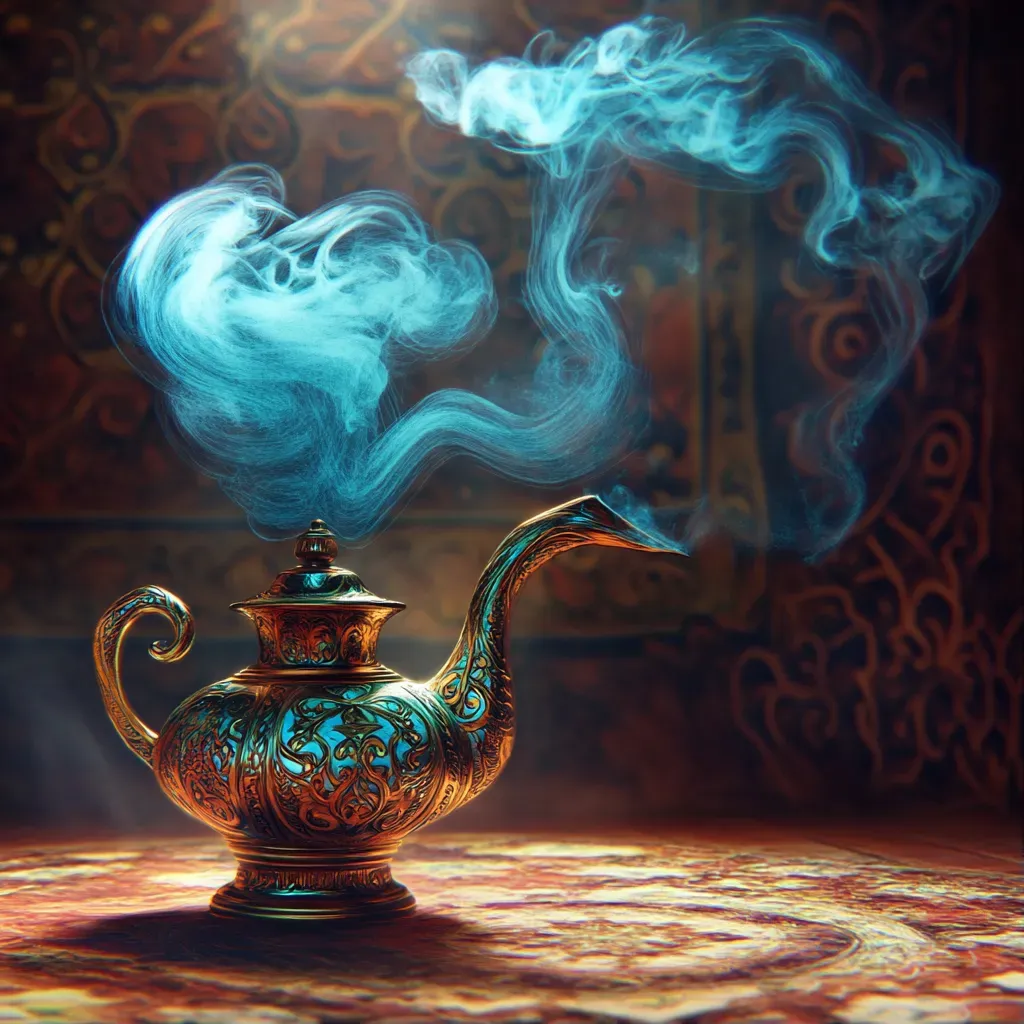 Low poly representation of a Djinn escaping from an ornate lamp with vivid turquoise smoke - Image 1