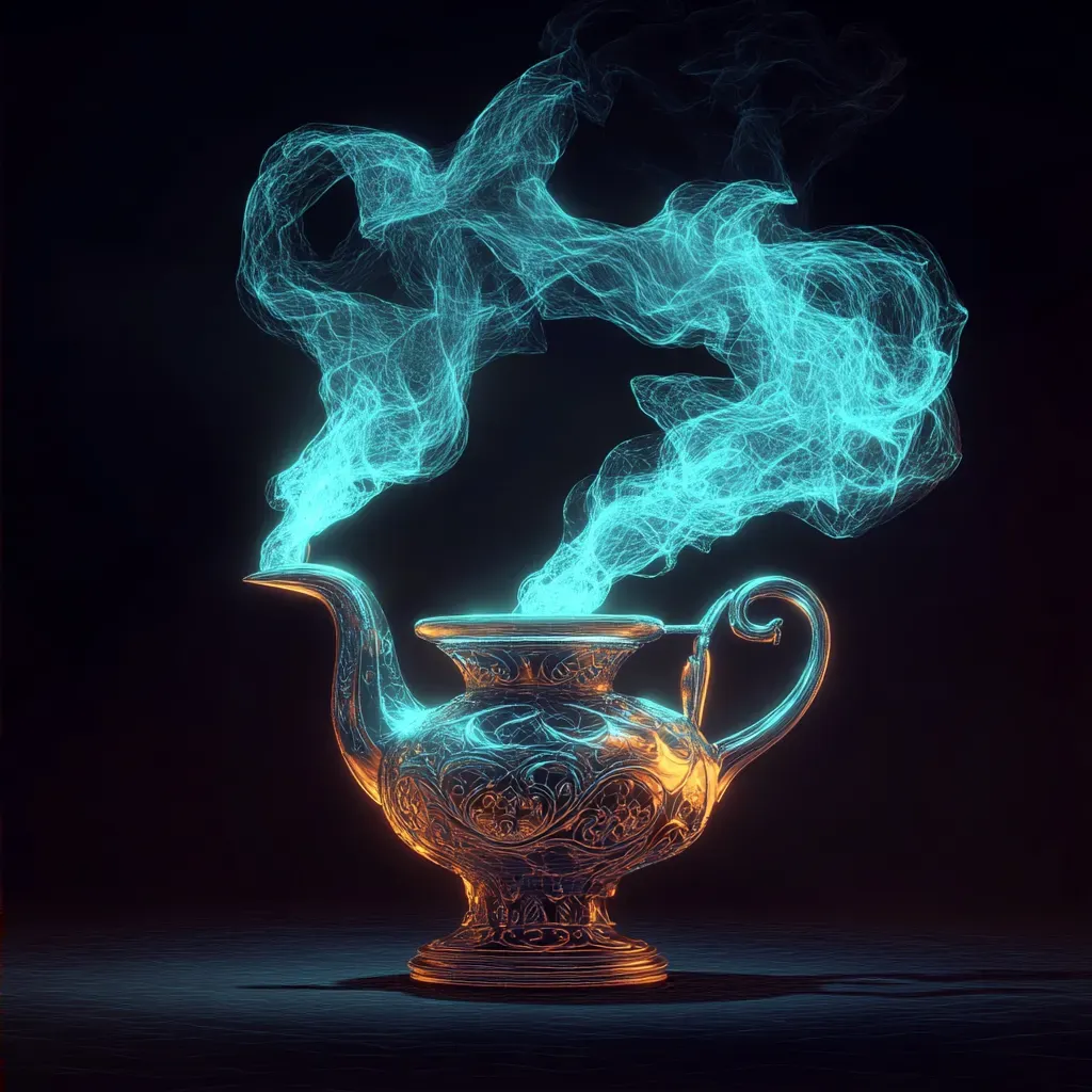 Low poly representation of a Djinn escaping from an ornate lamp with vivid turquoise smoke - Image 2