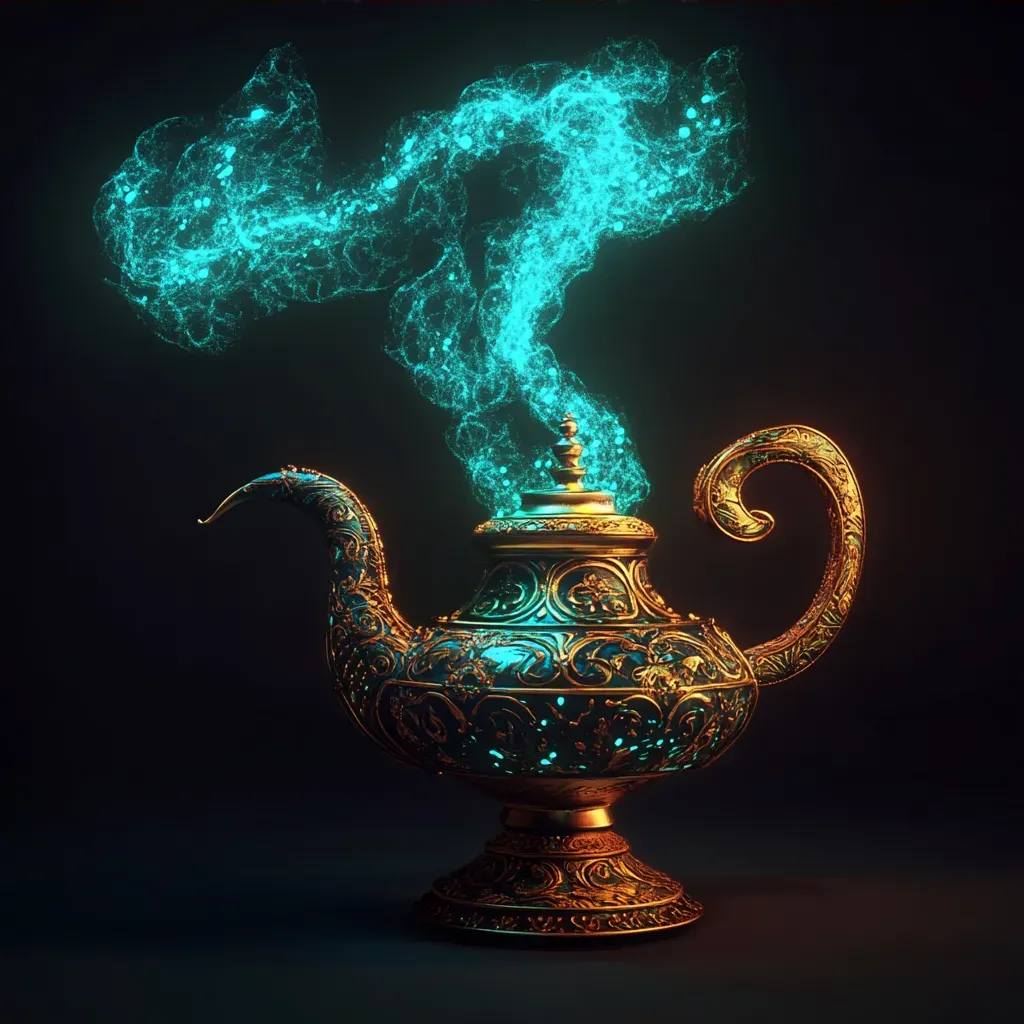 Low poly representation of a Djinn escaping from an ornate lamp with vivid turquoise smoke - Image 3