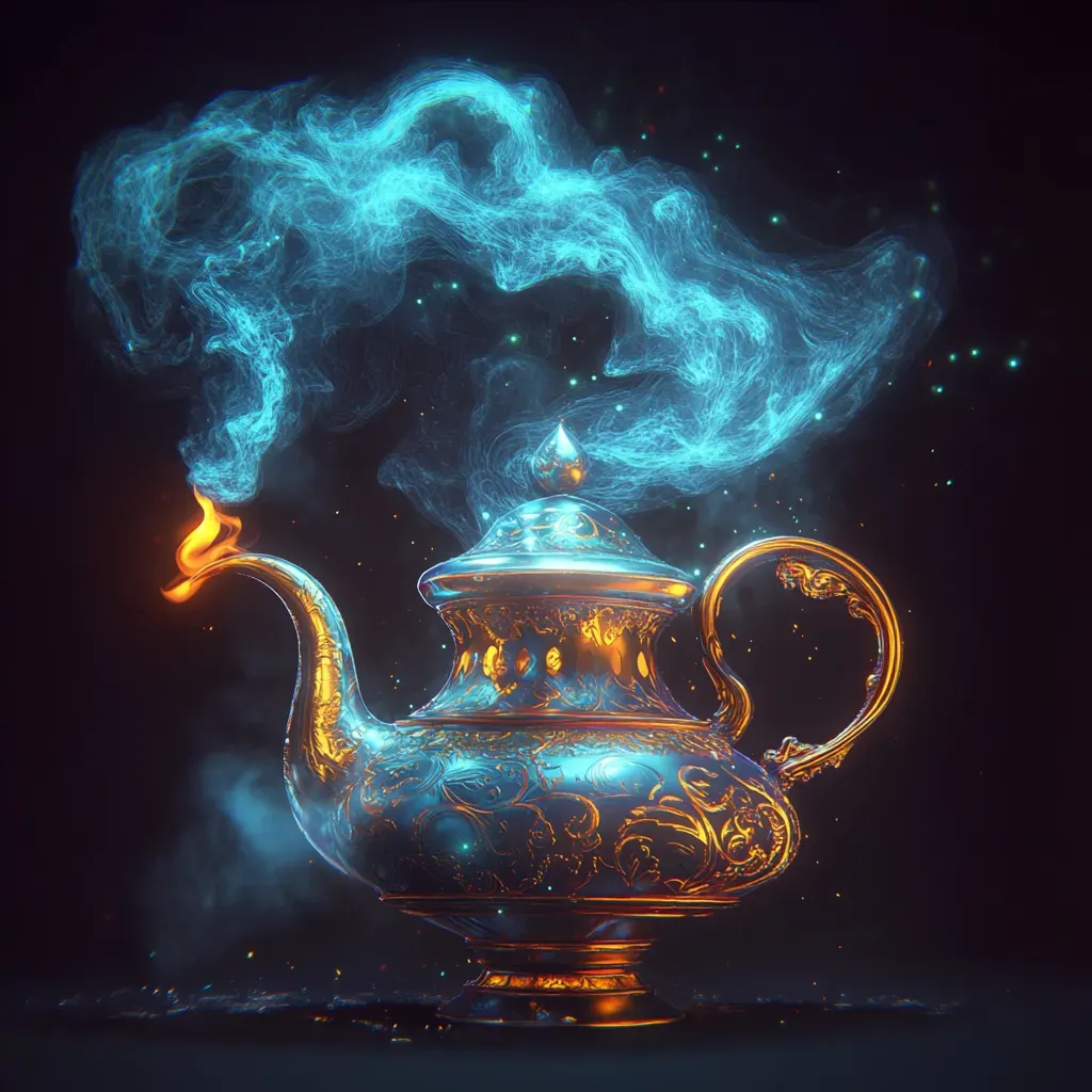 Low poly representation of a Djinn escaping from an ornate lamp with vivid turquoise smoke - Image 4