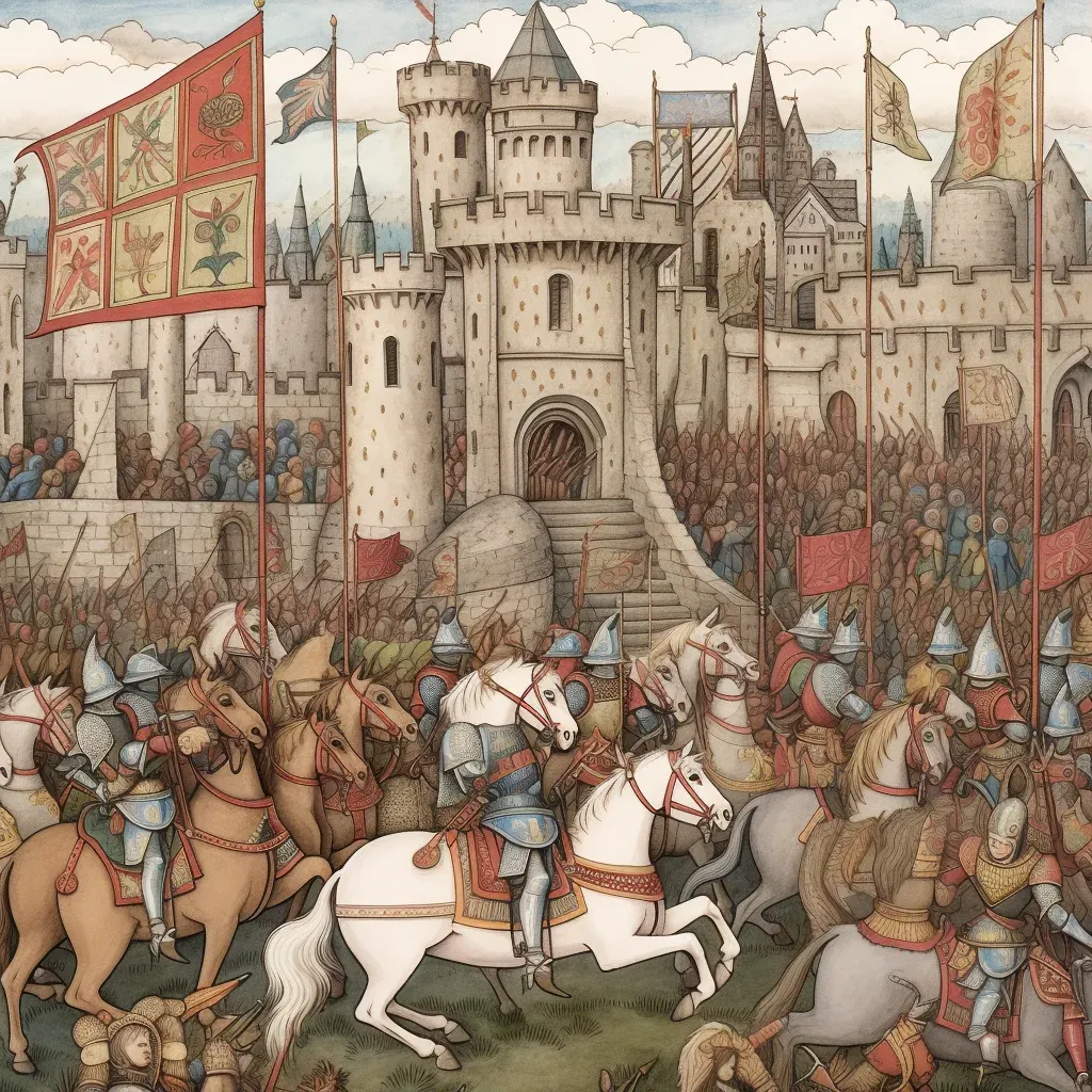 Knights in armor charging at a jousting tournament in the Middle Ages - Image 1